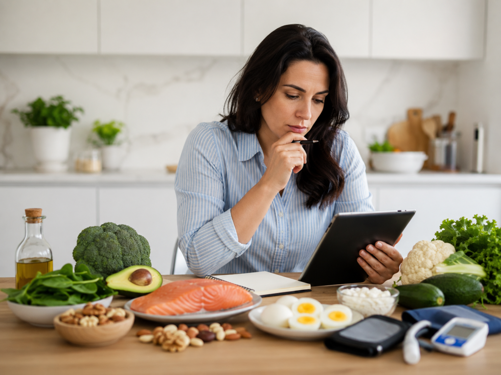 Woman in a blue striped shirt studies a tablet at a kitchen table, planning a healthy meal with salmon, avocado, broccoli, eggs, and greens nearby.