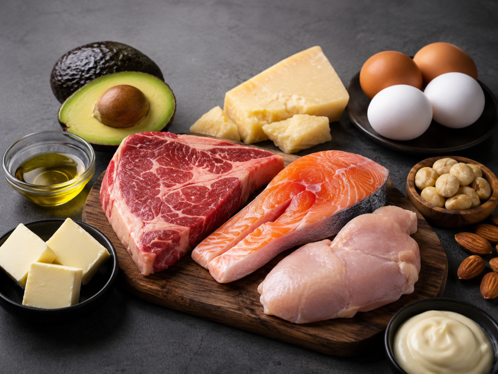 Assorted raw meats and dairy on a wooden board: beef steak, salmon, chicken, butter, cheese, avocado, and eggs with almonds nearby.