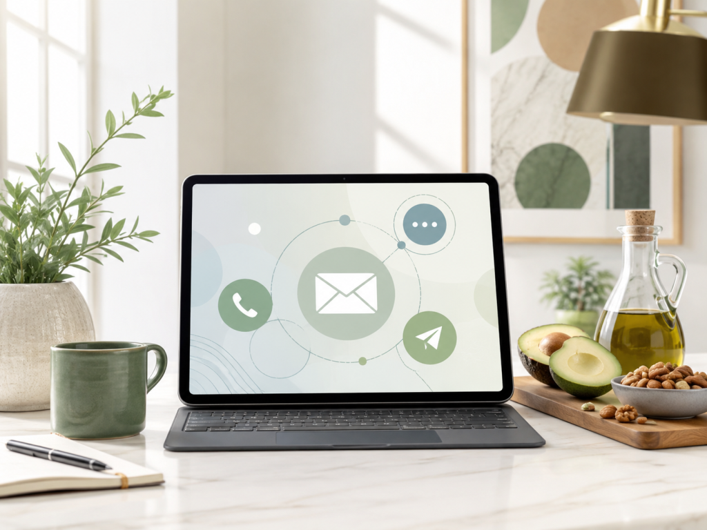 Tablet on a marble desk displaying abstract communication icons (email, phone, chat) in pastel circles, with a green mug, plant, olive-oil bottle, avocado halves, and a bowl of nuts nearby.