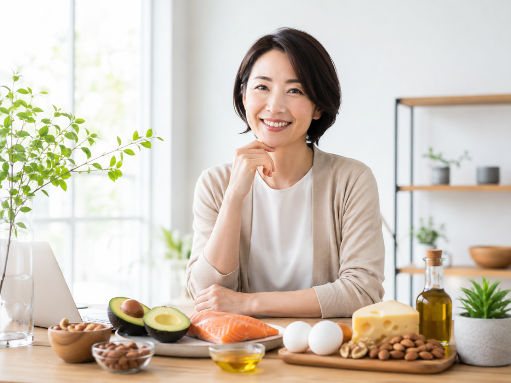 Smiling woman sits at a bright kitchen table with salmon, avocado, eggs, cheese and nuts, near a laptop and plants in the background.