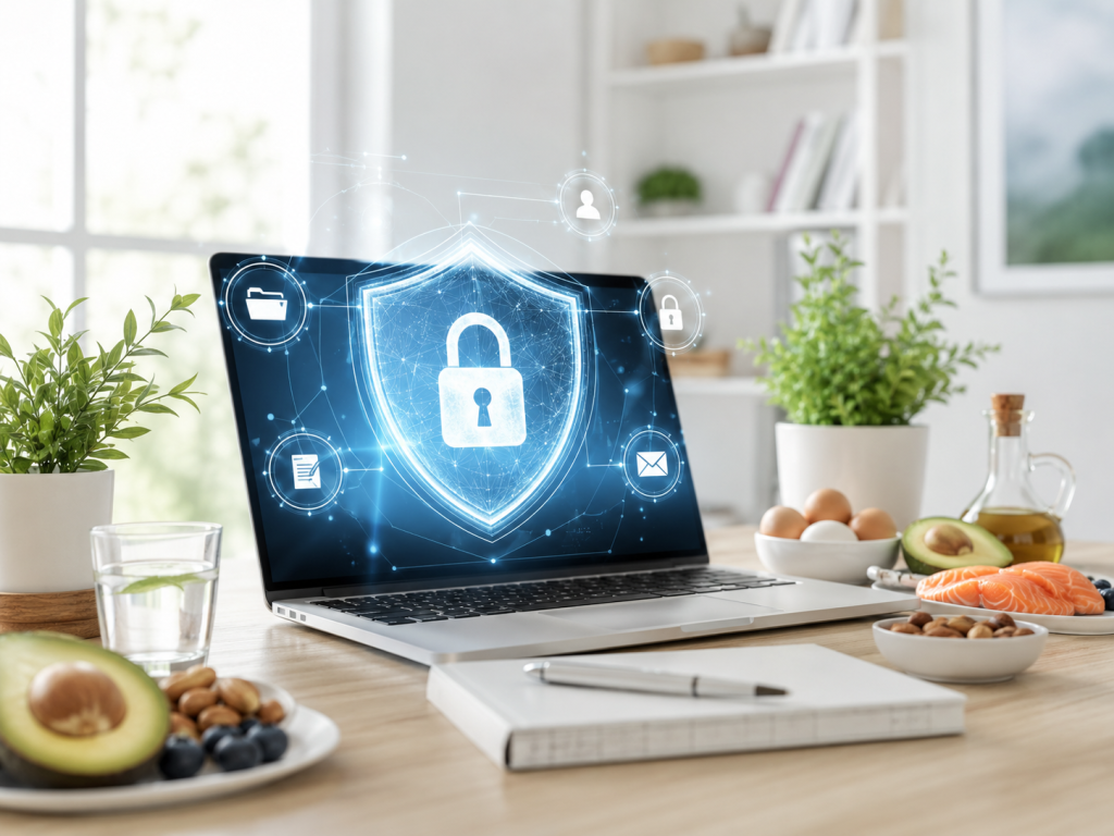 Laptop on a wooden desk shows a glowing shield and lock icons, illustrating cybersecurity in a bright home workspace.